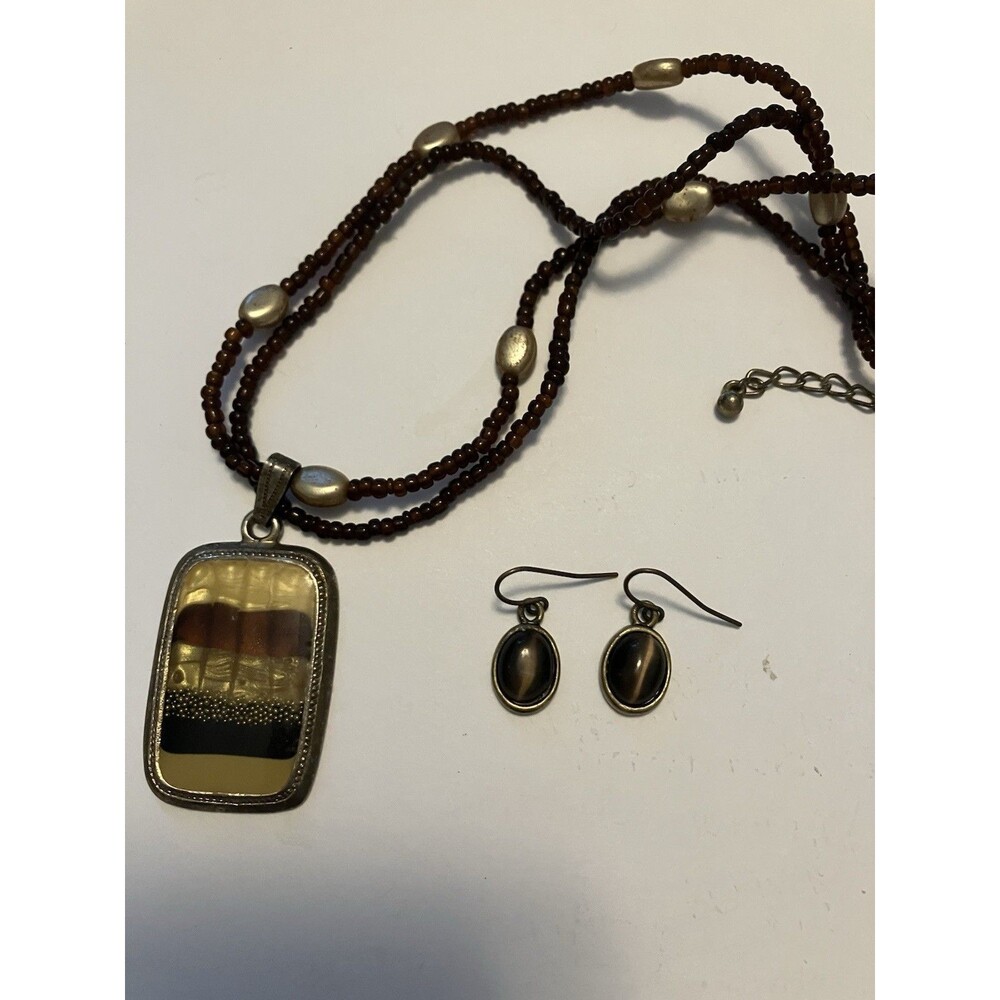 Kenneth Cole KC Brown Beaded Pendant Necklace  With  Faux Tiger Eye Earrings